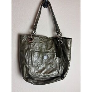 Coach Leatherware Alex Signature Womens Tote Handbag Green Patent Leather